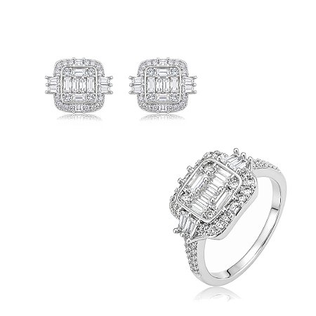 Conjunto de brinco e anel cravejado de zircônia cristal banho em ródio branco