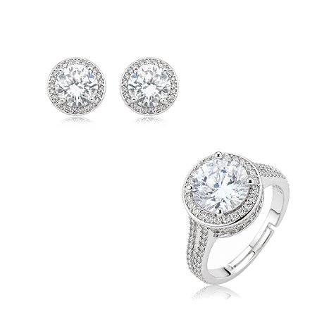 DUPLICADO - Conjunto de brinco e anel cravejado de zircônia cristal banho em ródio branco