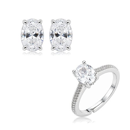 Conjunto de brinco e anel cravejado de zircônia cristal banho em ródio branco