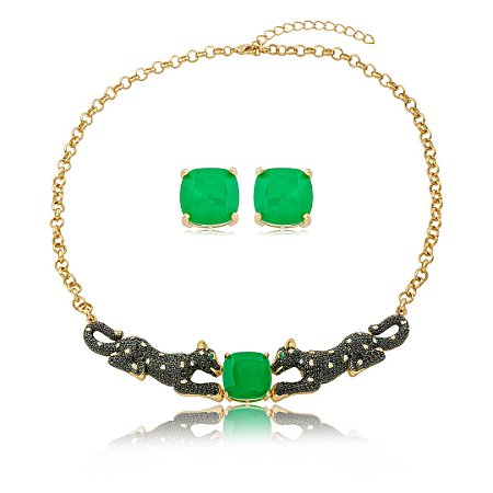 Conjunto de luxo de brinco e colar com zircônia e pedra fusion esmeralda banho em ouro 18k