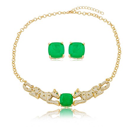 Conjunto de luxo de brinco e colar com zircônia e pedra fusion esmeralda banho em ouro 18k