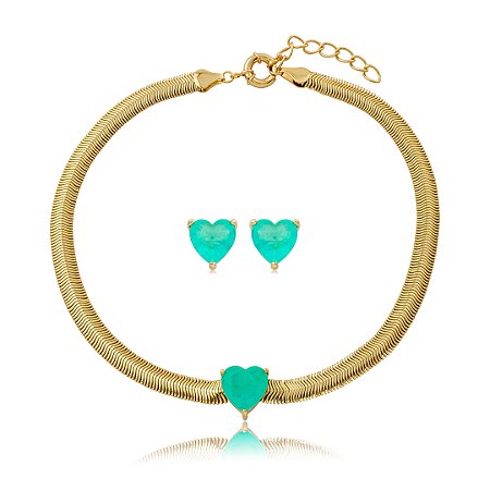 Conjunto de brinco e colar de coração com pedra fusion turmalina banho em ouro 18k