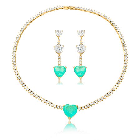 Conjunto de brinco e colar luxo de coração cravejado de zircônia e pedra fusion turmalina banho em ouro 18k