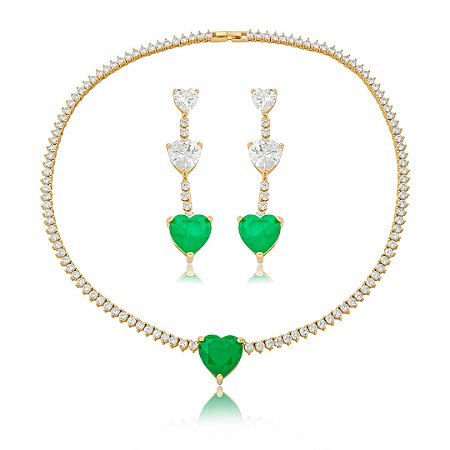 Conjunto de brinco e colar luxo de coração cravejado de zircônia e pedra fusion esmeralda banho em ouro 18k