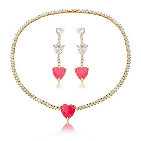 Conjunto de brinco e colar luxo de coração cravejado de zircônia e pedra fusion pink banho em ouro 18k