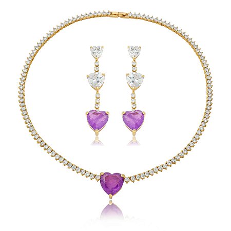 Conjunto de brinco e colar luxo de coração cravejado de zircônia e pedra fusion ametista banho em ouro 18k