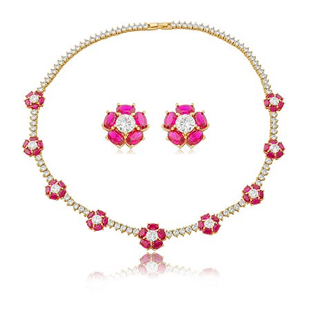 Conjunto de brinco e colar luxo de flor cravejado de zircônia cristal e pink banho em ouro 18k