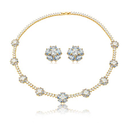 Conjunto de brinco e colar luxo de flor cravejado de zircônia cristal e topázio banho em ouro 18k