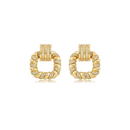 Brinco dourado cravejado de zircônia cristal banho em ouro 18k