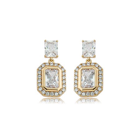 Brinco dourado cravejado de zircônia cristal banho em ouro 18k