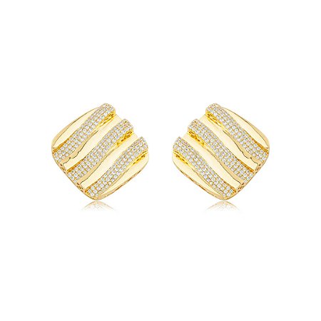 Brinco dourado cravejado de zircônia cristal banho em ouro 18k