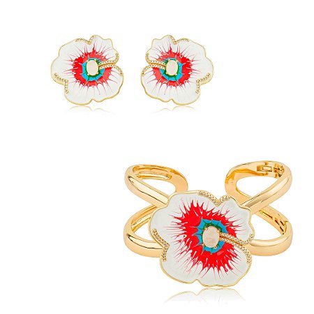 Conjunto de bracelete e brinco de flor esmaltado banho em ouro 18k