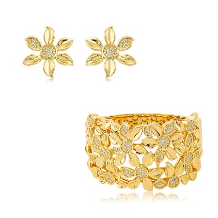 Conjunto de bracelete e brinco de flor cravejado de zircônia cristal banho em ouro 18k