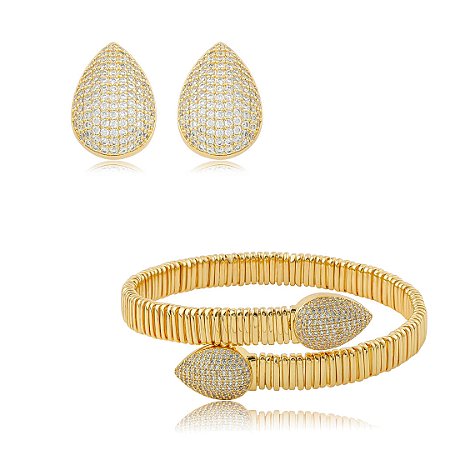 Conjunto de bracelete e brinco cravejado de zircônia cristal banho em ouro 18k
