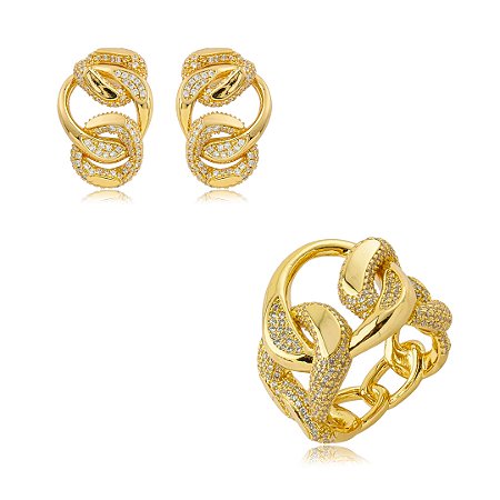 Conjunto de brinco e anel dourado cravejado de zircônia cristal banho em ouro 18k