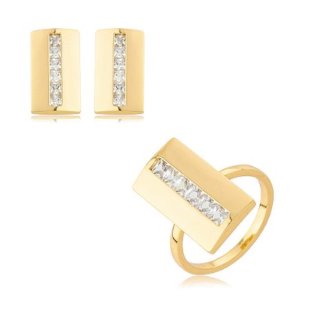Conjunto de brinco e anel dourado cravejado de zircônia cristal banho em ouro 18k