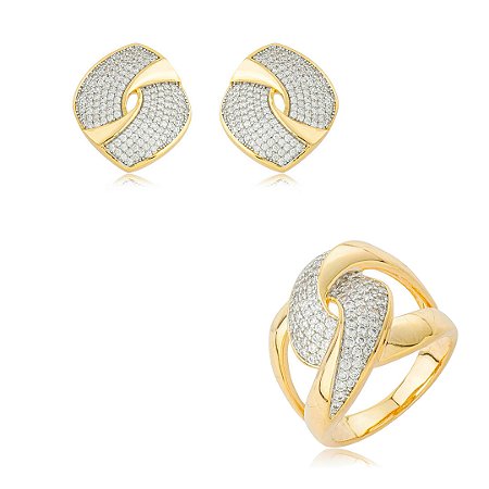 Conjunto de brinco e anel dourado cravejado de zircônia cristal banho em ouro 18k