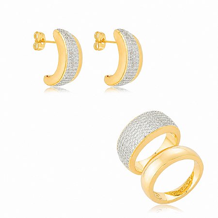 Conjunto de brinco e anel dourado cravejado de zircônia cristal banho em ouro 18k