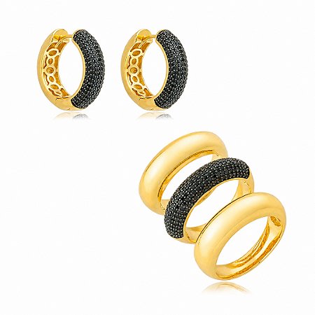 Conjunto de brinco e anel cravejado de zircônia ônix banho em ouro 18k