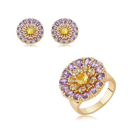 Conjunto de brinco e anel de flor cravejado de zircônia ametista banho em ouro 18k