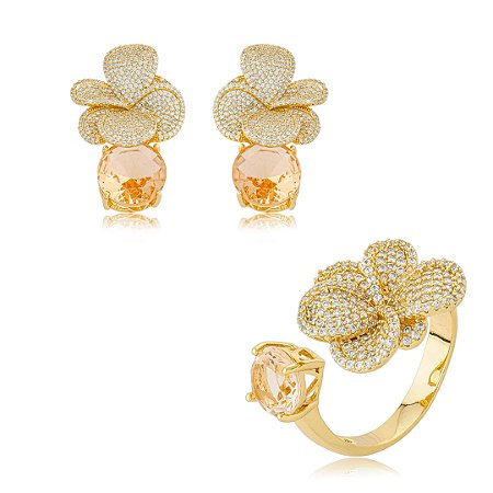 Conjunto luxo de brinco e anel de flor cravejado de zircônia cristal banho em ouro 18k