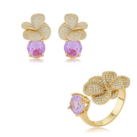 Conjunto luxo de brinco e anel de flor cravejado de zircônia cristal banho em ouro 18k
