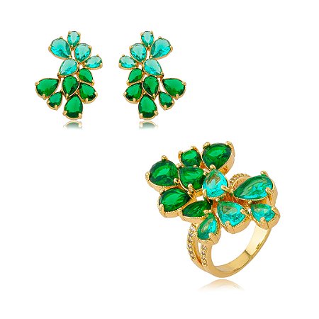 Conjunto luxo de brinco e anel cravejado de zircônia esmeralda e turmalina paraíba banho em ouro 18k