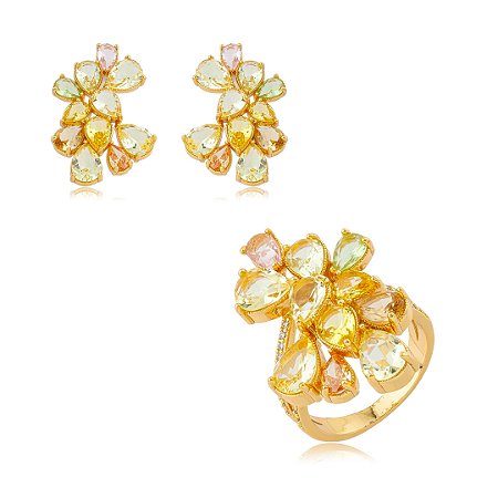 Conjunto luxo de brinco e anel cravejado de zircônia colorida banho em ouro 18k