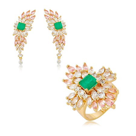 Conjunto luxo de brinco e anel cravejado de zircônia com pedra fusion esmeralda banho em ouro 18k