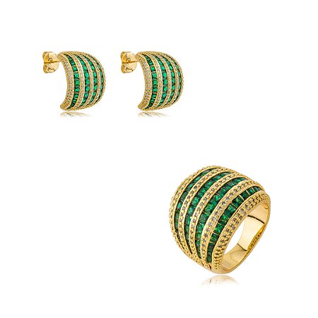 Conjunto luxo de brinco e anel cravejado de zircônia cristal e esmeralda banho em ouro 18k