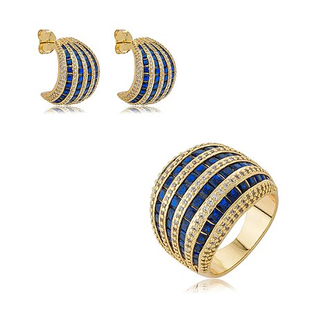 Conjunto luxo de brinco e anel cravejado de zircônia cristal e safira banho em ouro 18k
