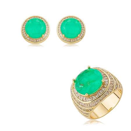 Conjunto de brinco e anel cravejado de zircônia cristal e pedra fusion turmalina banho em ouro 18k