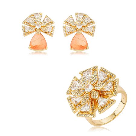 Conjunto flor de brinco e anel cravejado de zircônia cristal e pedra fusion morganita banho em ouro 18k