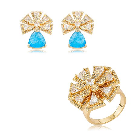 Conjunto flor de brinco e anel cravejado de zircônia cristal e pedra fusion topázio banho em ouro 18k