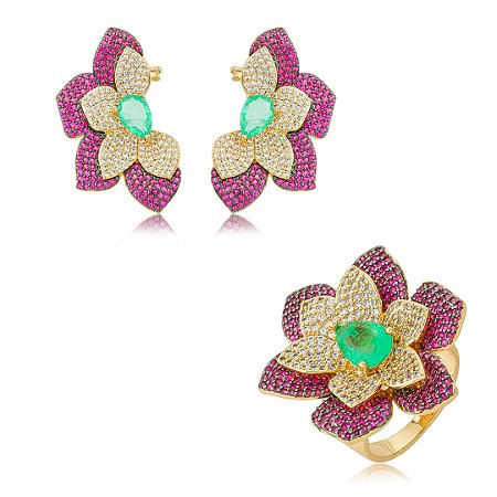 Conjunto luxo flor com brinco e anel cravejado de zircônia e pedra fusion turmalina banho em ouro 18k