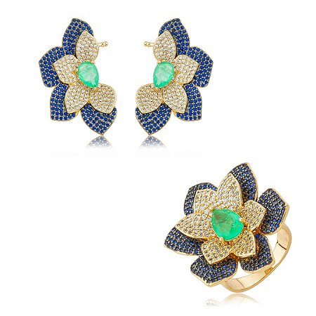 Conjunto luxo flor com brinco e anel cravejado de zircônia e pedra fusion turmalina banho em ouro 18k