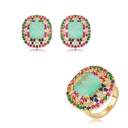 Conjunto de brinco e anel cravejado de zircônia colorida e pedra fusion turmalina banho em ouro 18k