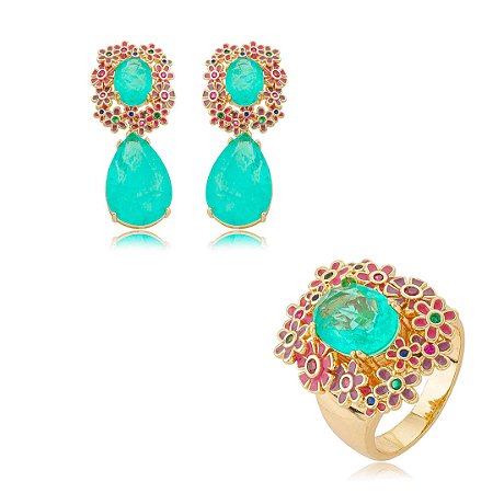 Conjunto flor de brinco e anel esmaltado com pedra fusion turmalina banho em ouro 18k