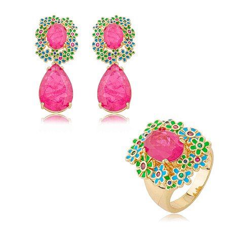 Conjunto flor de brinco e anel esmaltado com pedra fusion rubelita banho em ouro 18k