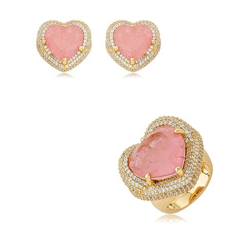 Conjunto coração de brinco e anel cravejado de zircônia cristal com pedra fusion rodonita banho em ouro 18k