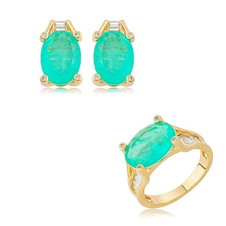Conjunto de brinco e anel cravejado de zircônia cristal com pedra fusion turmalina banho em ouro 18k