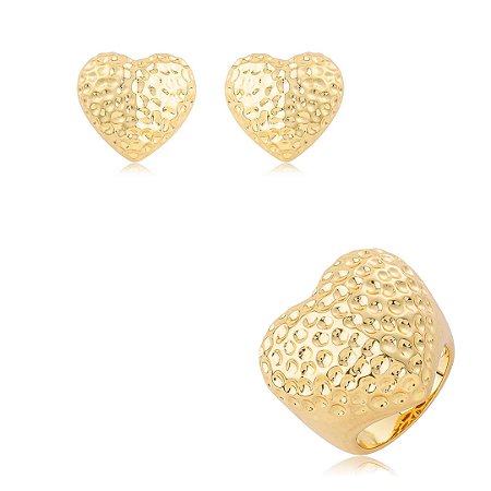 Conjunto de brinco e anel coração martelado banho em ouro 18k