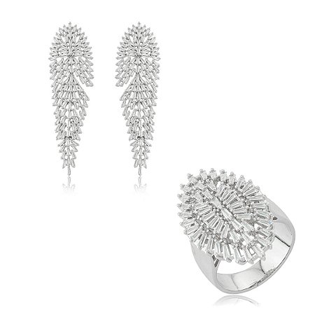 Conjunto de luxo com brinco e anel cravejado de zircônia cristal banho ródio branco