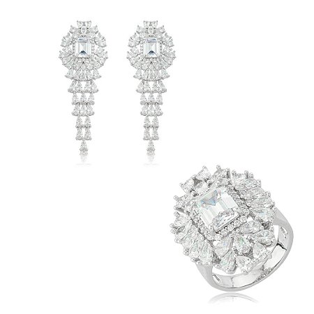Conjunto de luxo com brinco e anel cravejado de zircônia cristal banho ródio branco