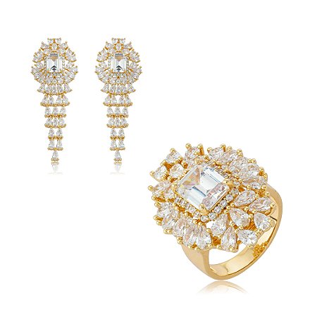 Conjunto de luxo com brinco e anel cravejado de zircônia cristal banho ouro 18k