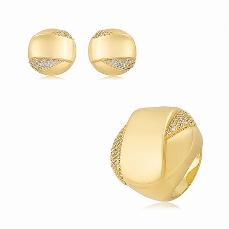 Conjunto de brinco e anel cravejado de zircônia cristal banho ouro 18k