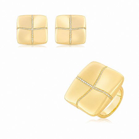 Conjunto de brinco e anel cravejado de zircônia cristal banho ouro 18k