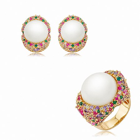 Conjunto luxo de brinco e anel cravejado de zircônia colorida e com pérola shell banho em ouro 18k