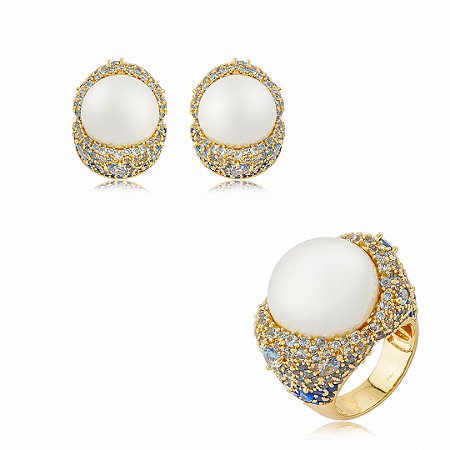 Conjunto luxo de brinco e anel cravejado de zircônia safira e com pérola shell banho em ouro 18k