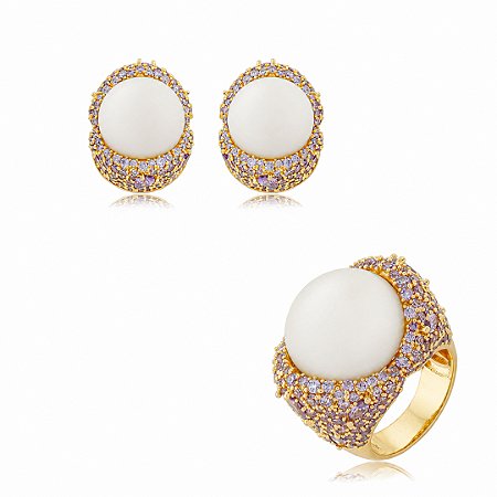 Conjunto luxo de brinco e anel cravejado de zircônia ametista e com pérola shell banho em ouro 18k